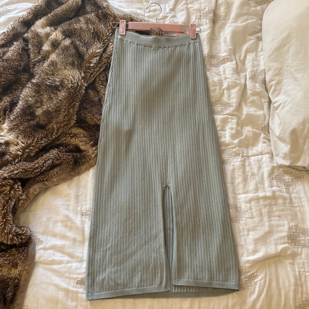 Ribbed Midi Skirt with Front Slit - Sage Green